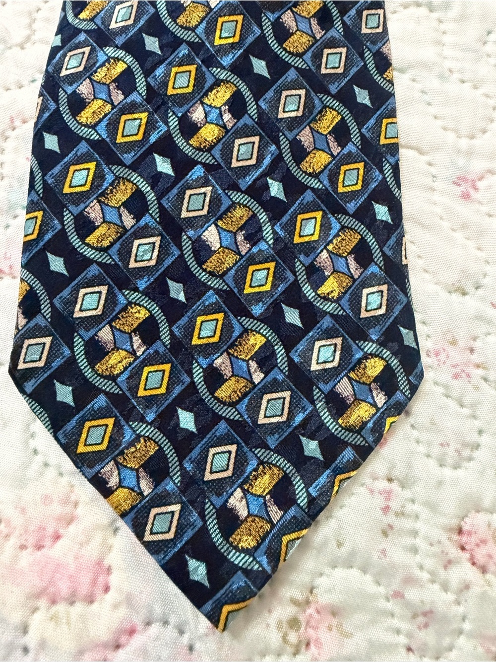 Brioni Silk Tie with Navy Blue and Gold Geometric Motif